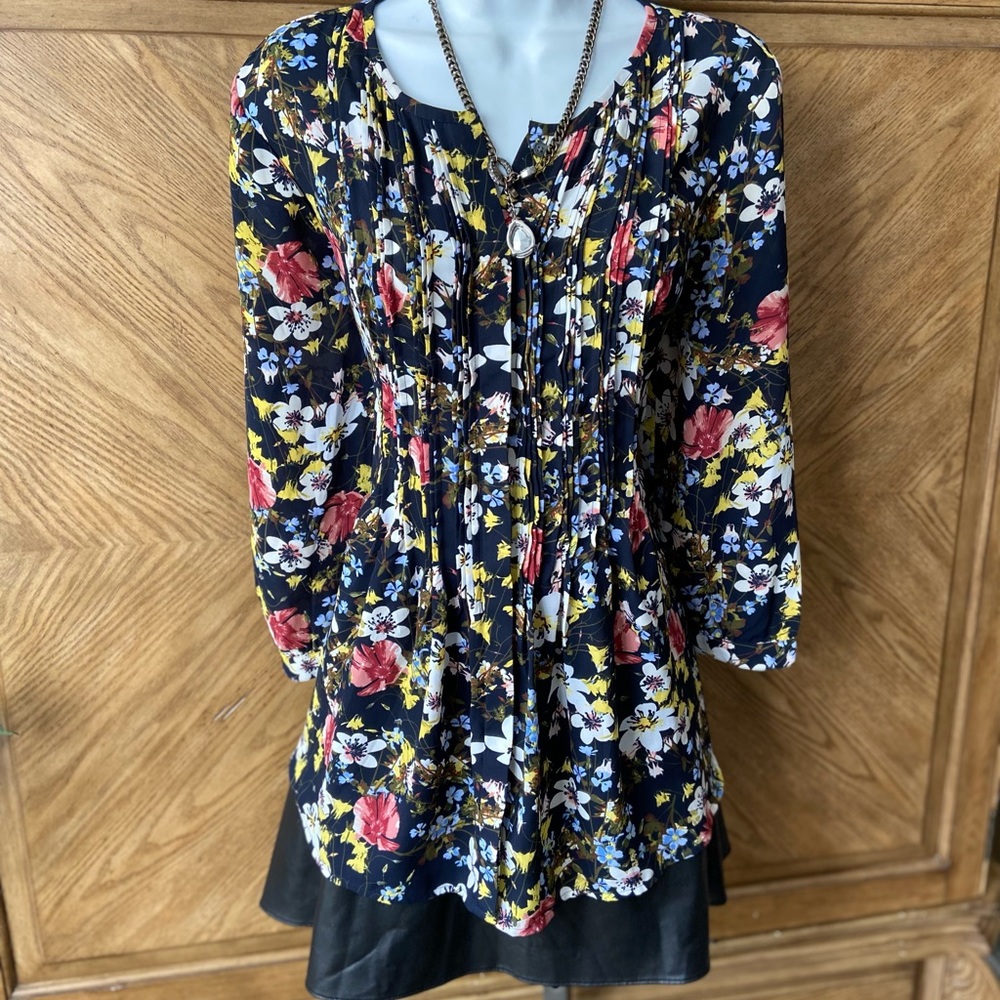 Banana Republic Black Floral Pintuck Blouse with Red and Yellow Accents